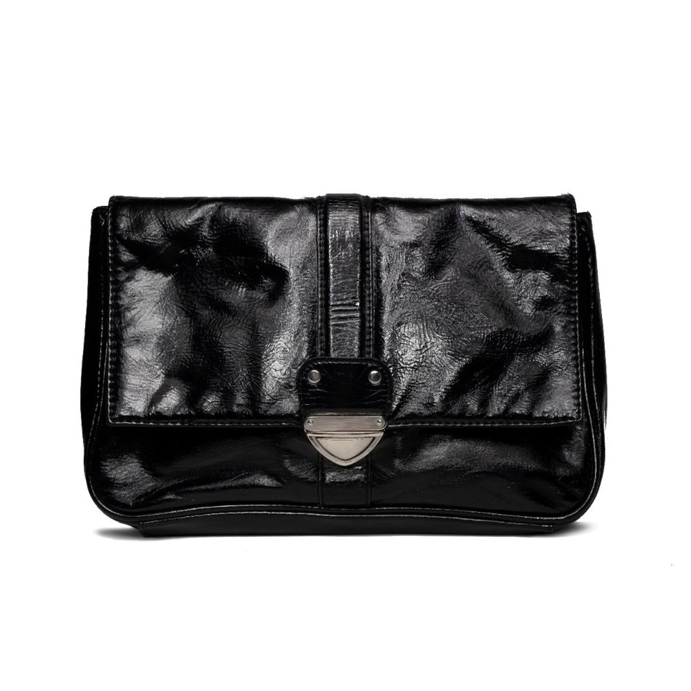 Black patent leather envelope style pocket handbag clutch